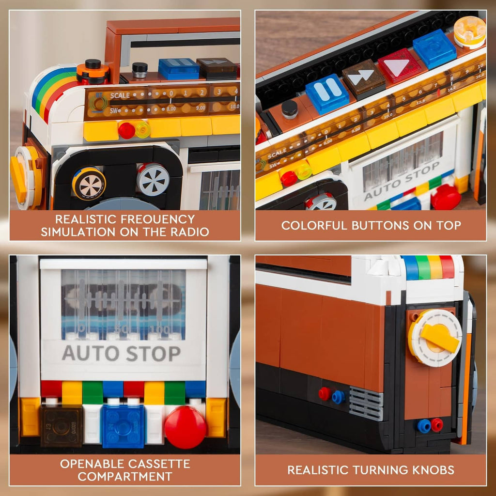 Retro radio building blocks close-up showing colorful top buttons, auto stop panel, knobs