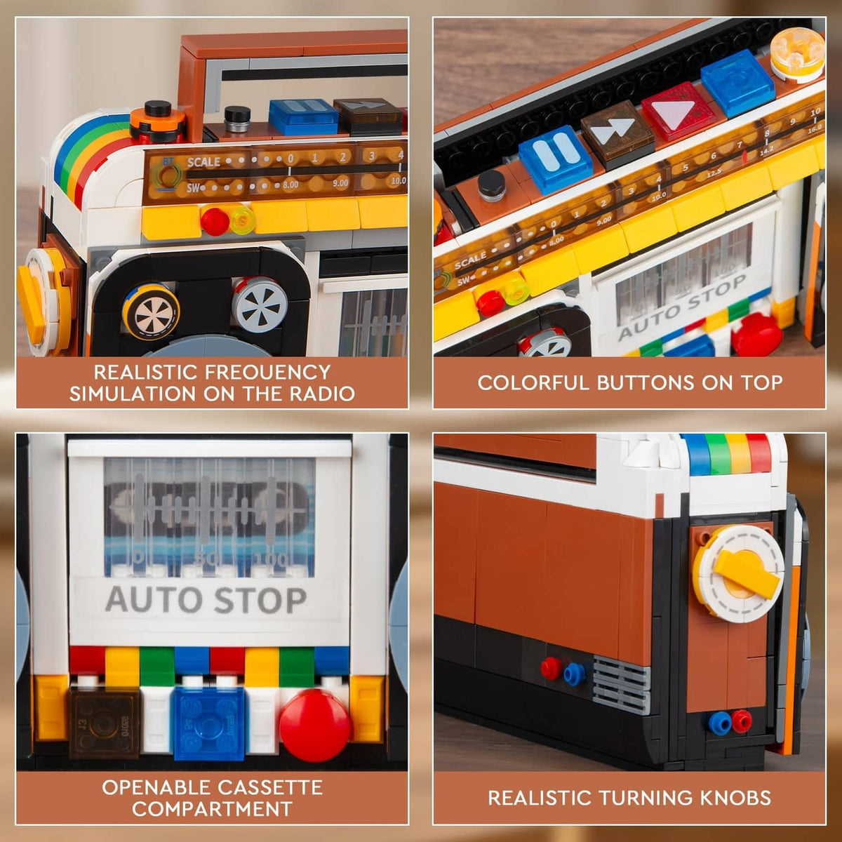 Retro radio building blocks close-up showing colorful top buttons, auto stop panel, knobs