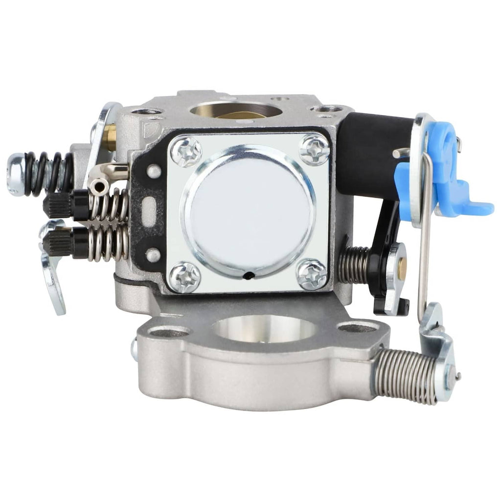 Carburetor assembly with chrome base plate, black insulator, and blue fuel line clip