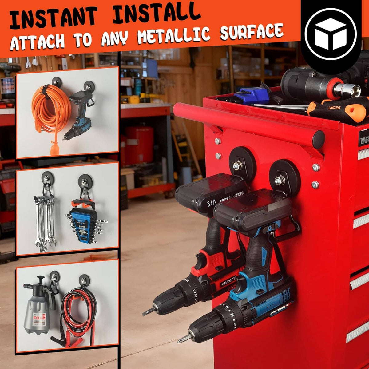 Two black magnetic drill hooks mounted on a red machine, with U-shaped hanger arms