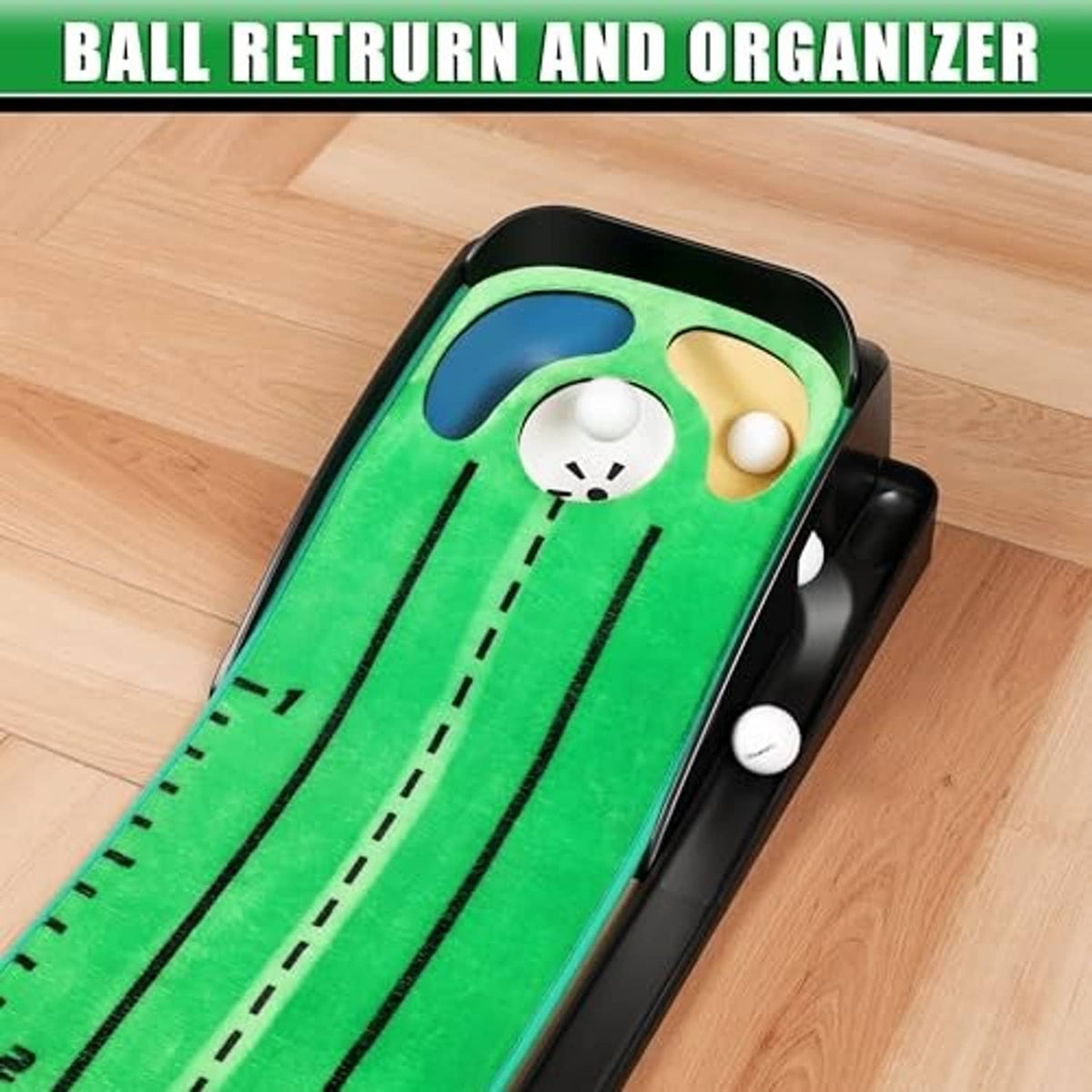 Green golf putting mat with black guide lines, ball return side tray, and target holes