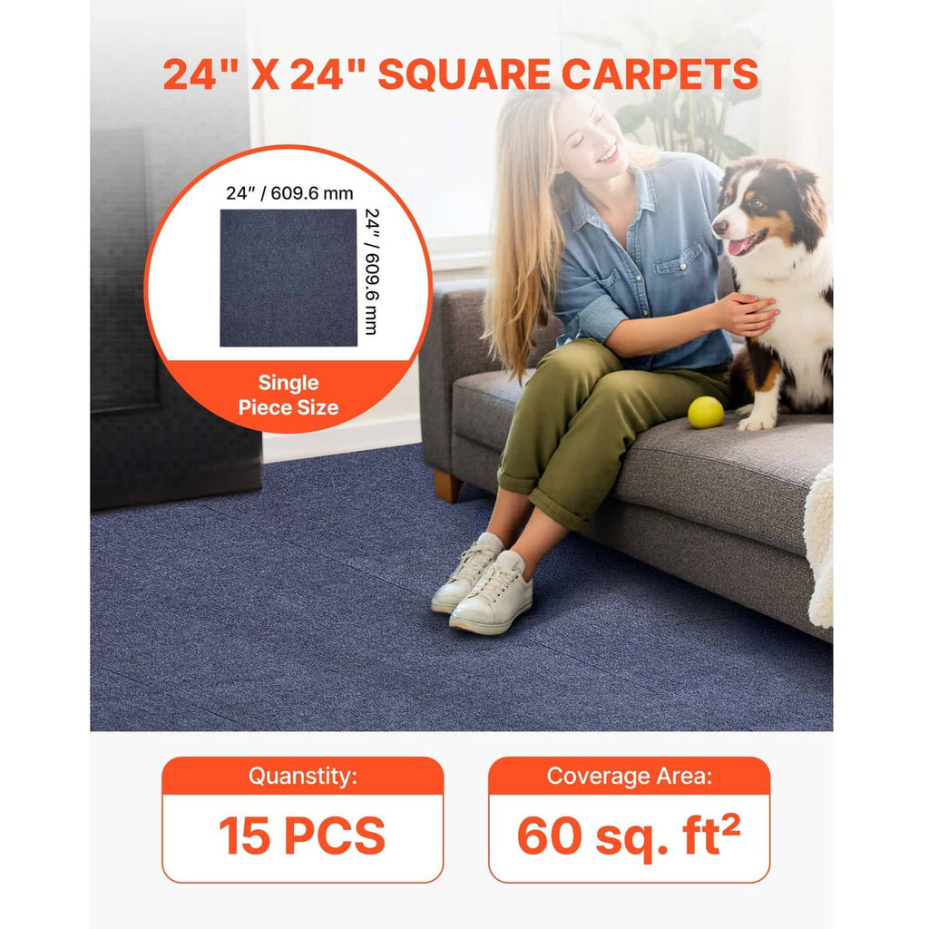 Gray square self-adhesive carpet tile laid on a floor in a room