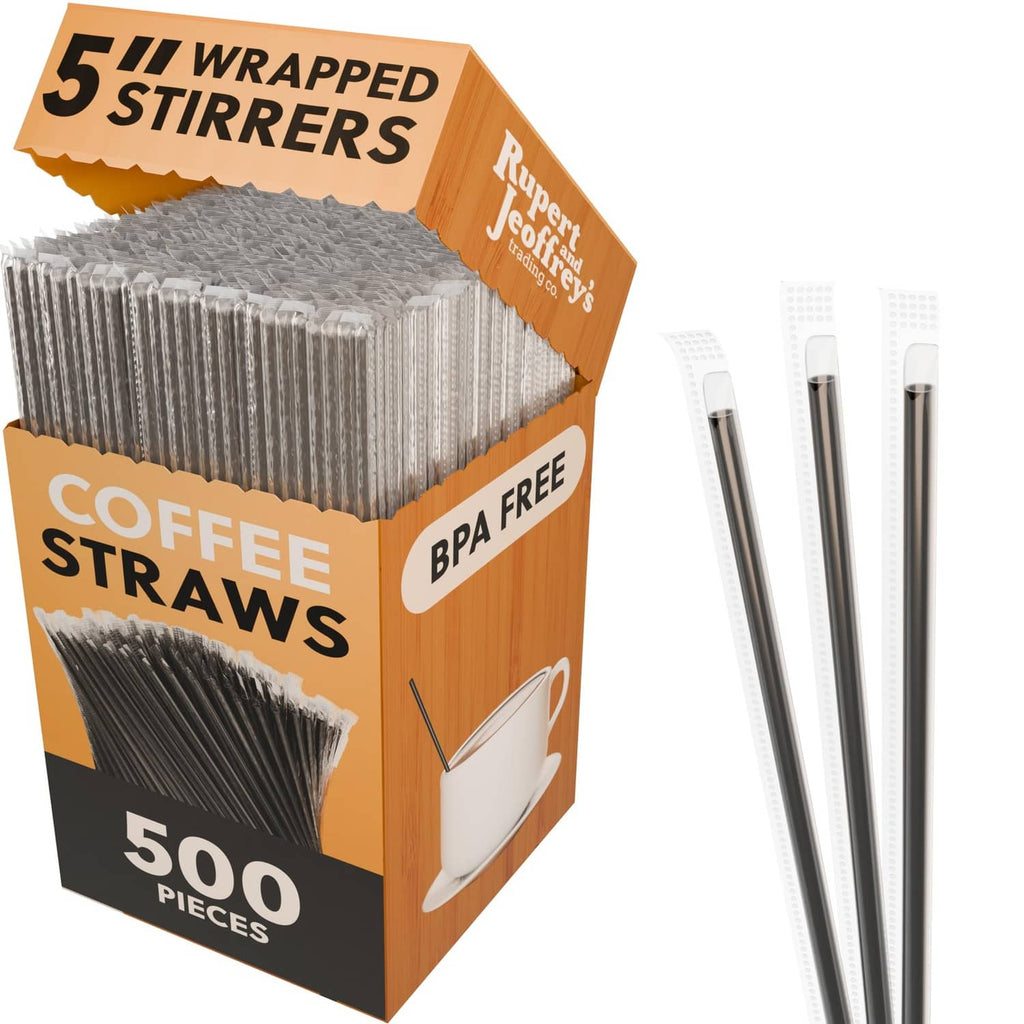 Individually wrapped black coffee stirrers in a 500-count display box