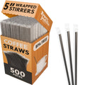 Individually wrapped black coffee stirrers in a 500-count display box