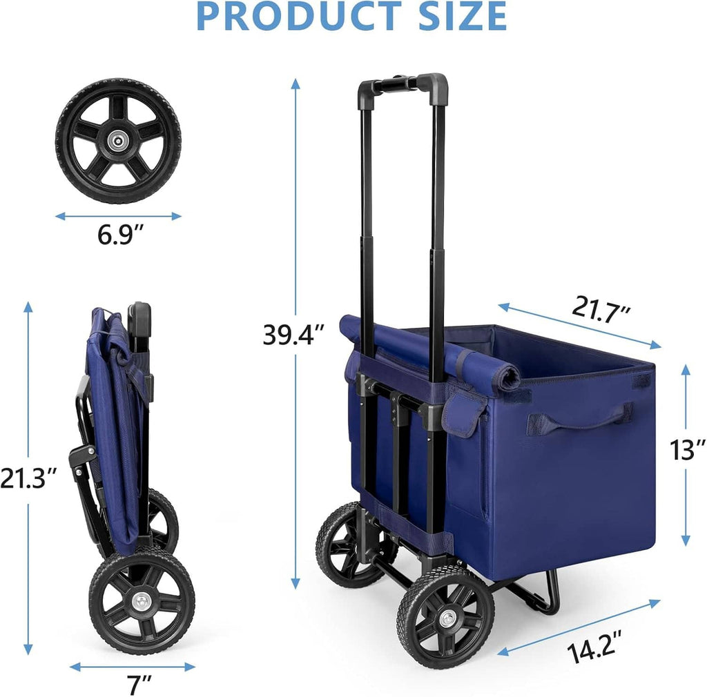 Blue folding shopping cart product size diagram with wheel and bin dimensions