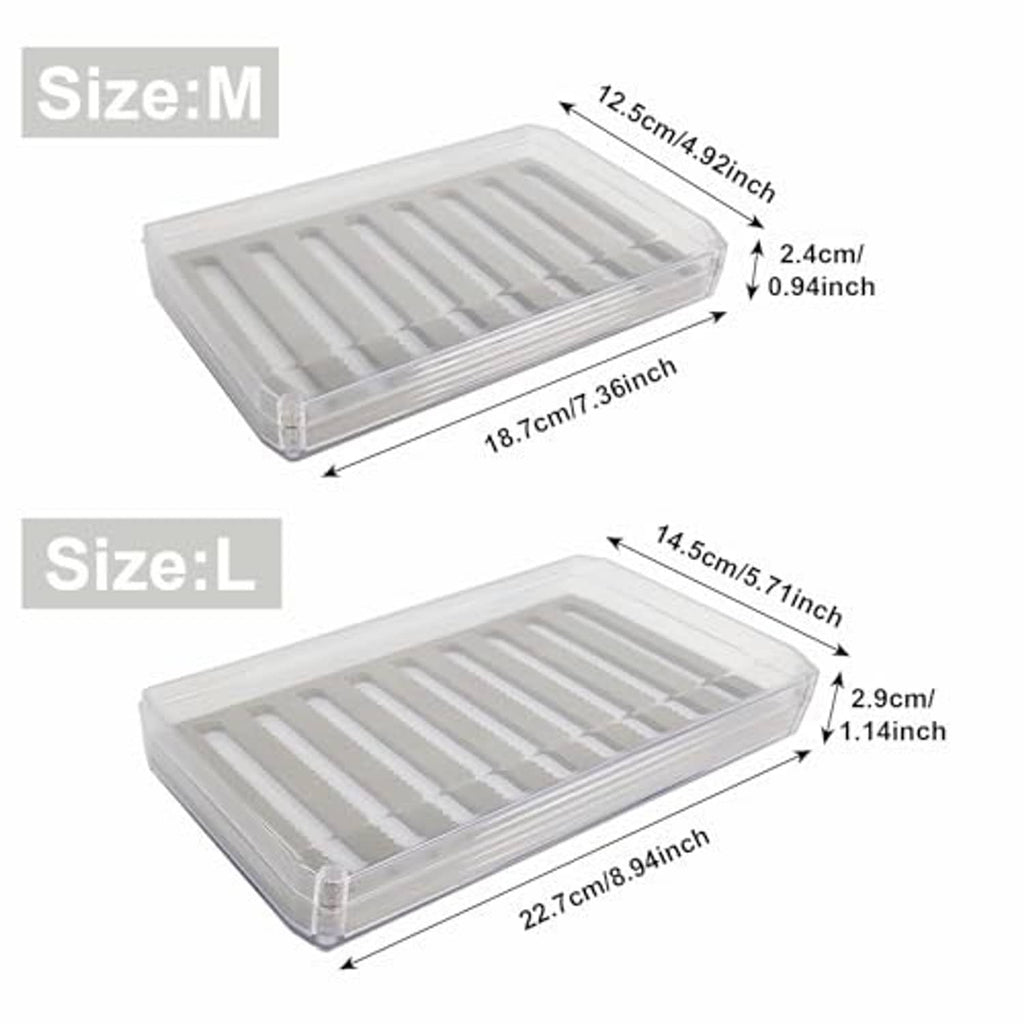 Clear fly fishing box showing open divider rows and size dimensions for M and L