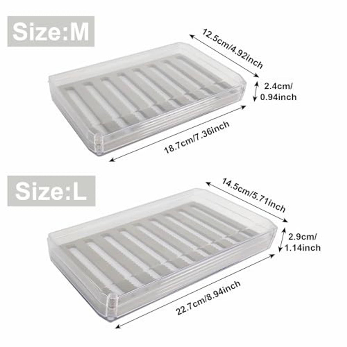 Clear fly fishing box showing open divider rows and size dimensions for M and L