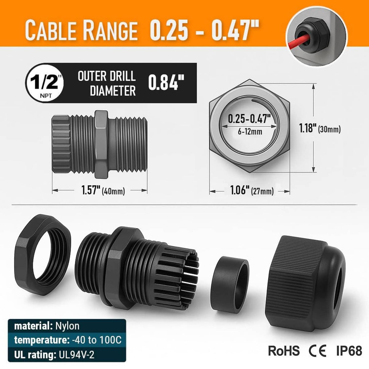 Black nylon cable grip with 1/2" NPT outer thread and textured tightening section