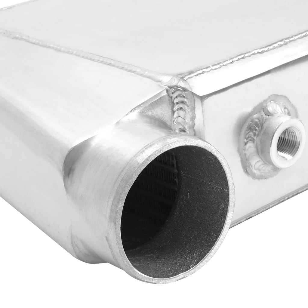 Aluminum intercooler end tube with threaded fitting on top plate, welded silver finish