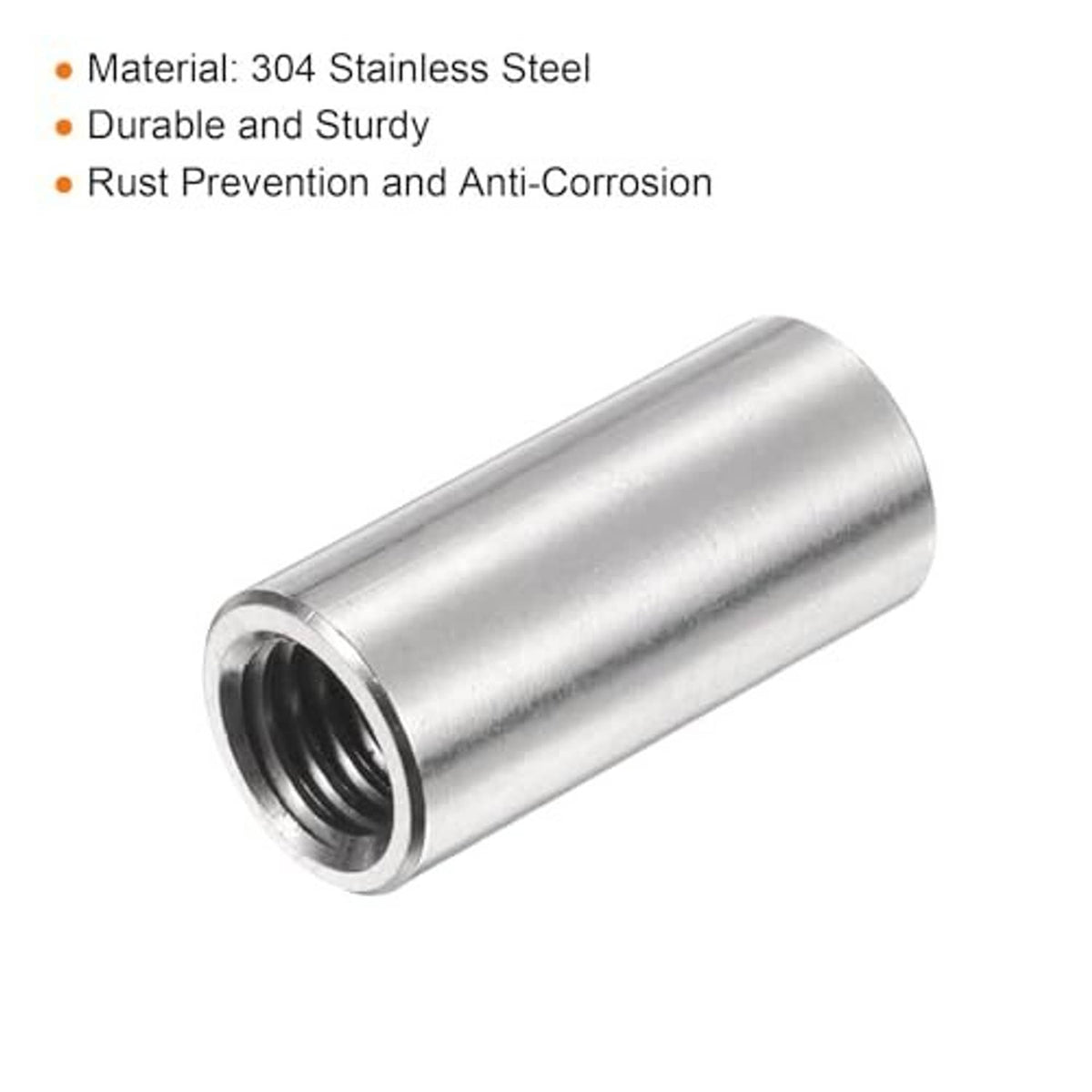 M10 304 stainless steel coupling nut, close-up open end with internal threads