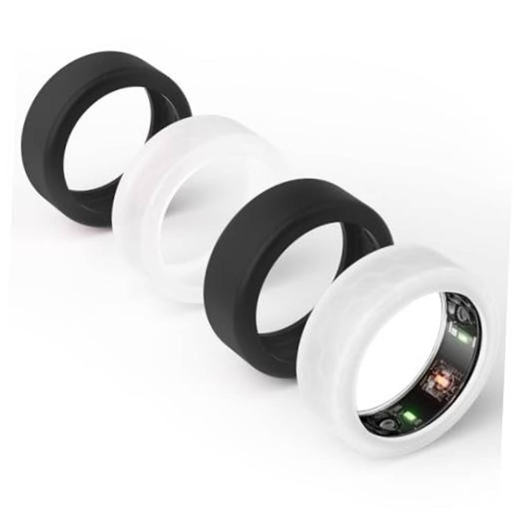 Three ring protector covers: black, white-clear, and black outer bands