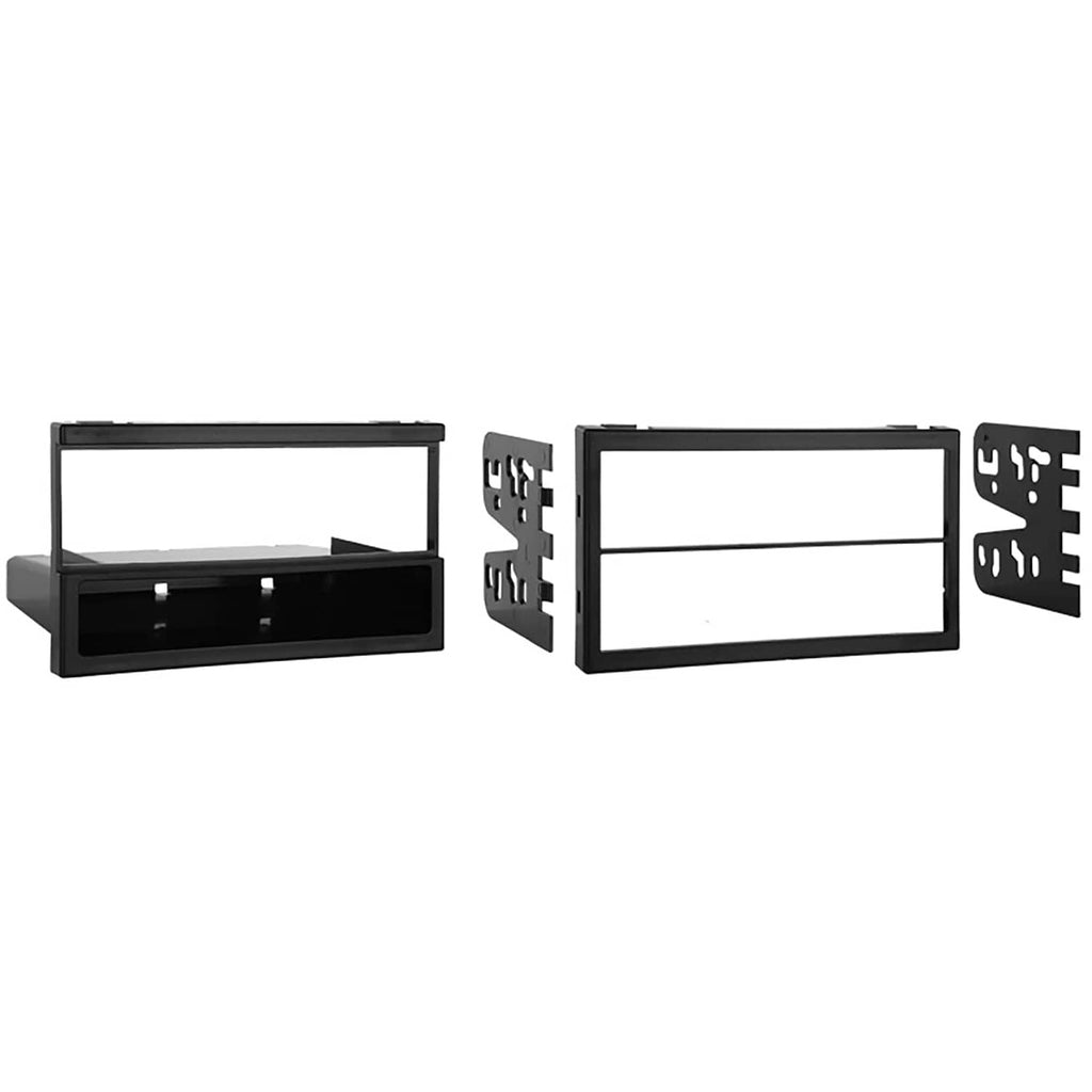 Black stereo dash kit components with face frame and side mounting brackets