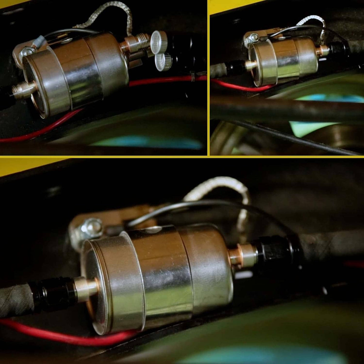 Fuel filter pressure regulator installed in engine bay with fuel lines and bracket