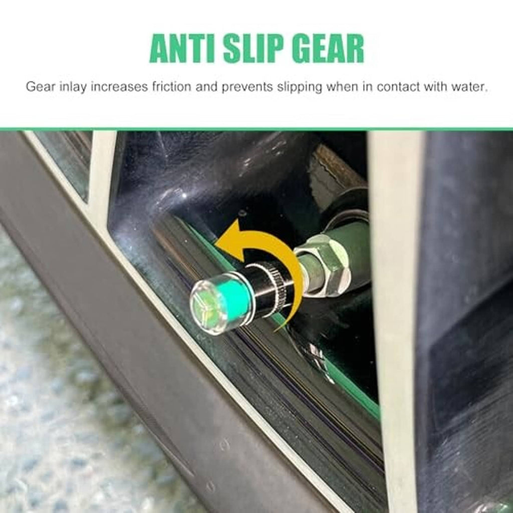 Car tire valve stem cap with textured grip ring and green red indicator
