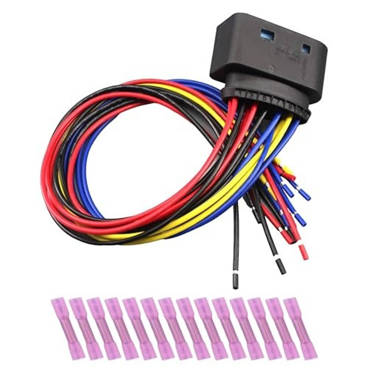 14-pin headlight wire harness connector with multicolor wires and pink terminal pins