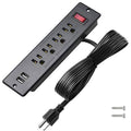 Recessed power strip with 4 outlets and 2 USB ports, black power cord with plug
