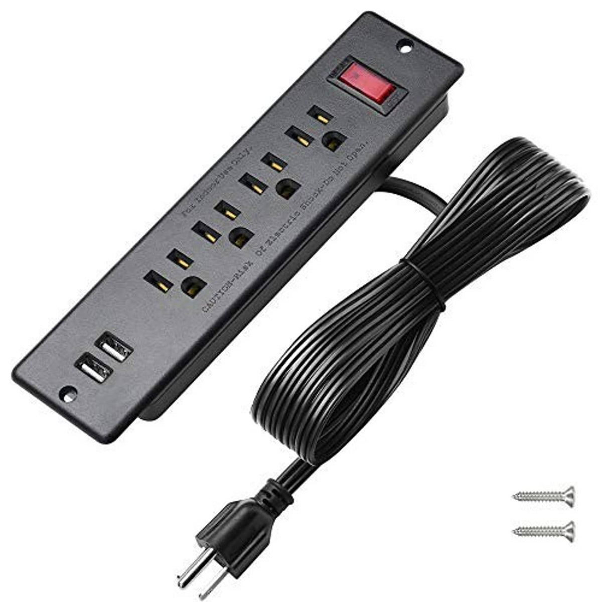 Recessed power strip with 4 outlets and 2 USB ports, black power cord with plug