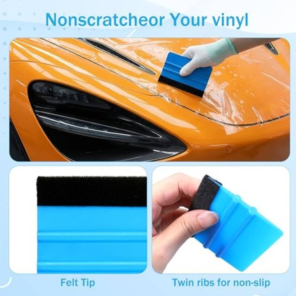Blue felt-edge squeegee with black felt tip and non-slip twin ribs.