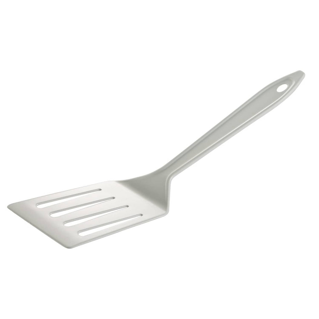 White plastic slotted spatula with oval hanging hole, long handle
