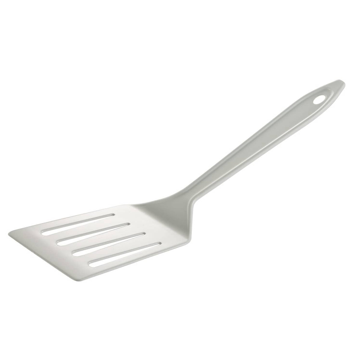 White plastic slotted spatula with oval hanging hole, long handle