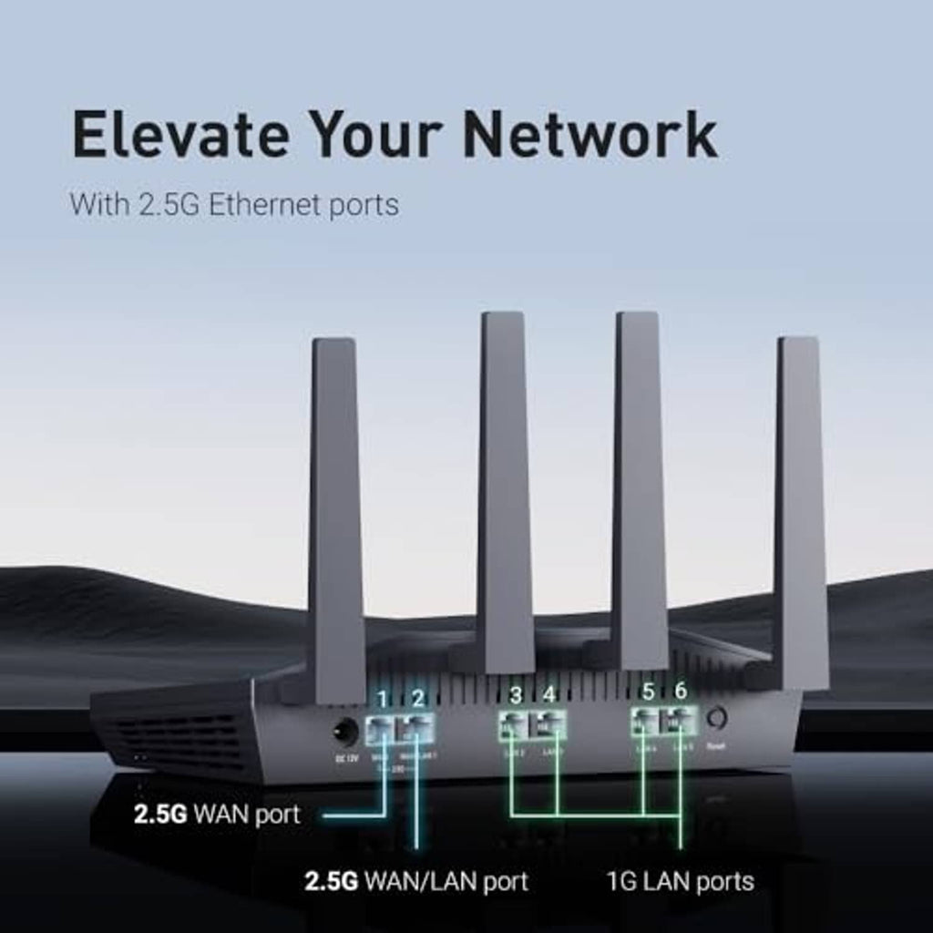 Black router with four antennas and illuminated port labels on display