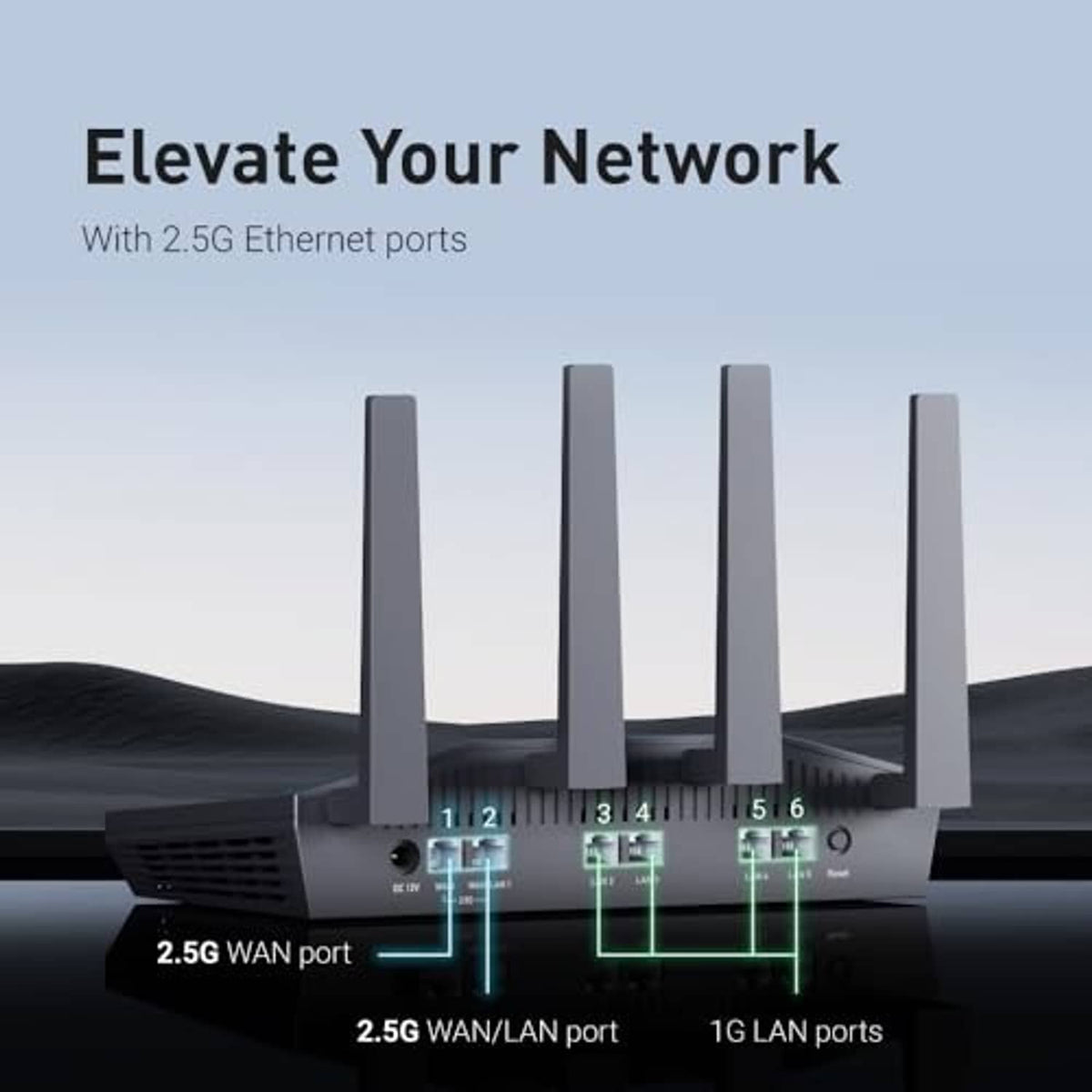 Black router with four antennas and illuminated port labels on display