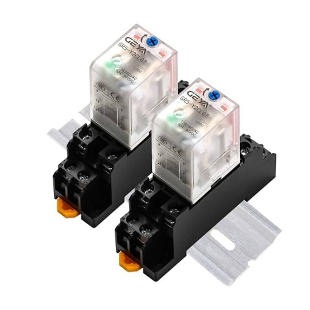 Two clear-cased DPDT DC power relays on black mounting base with orange terminals