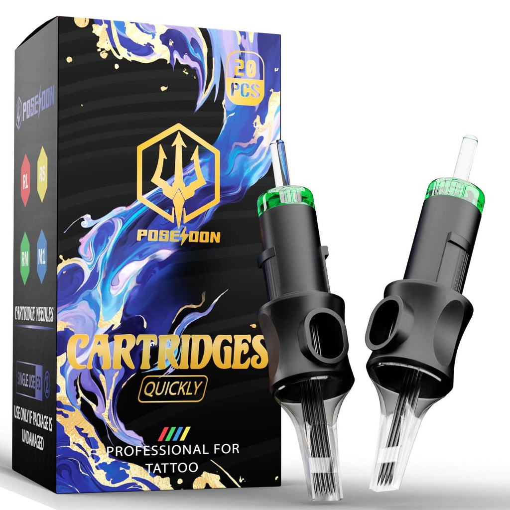 Tattoo cartridge needle set in a box, showing black cartridges with clear needle tubes