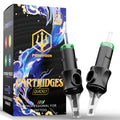 Tattoo cartridge needle set in a box, showing black cartridges with clear needle tubes