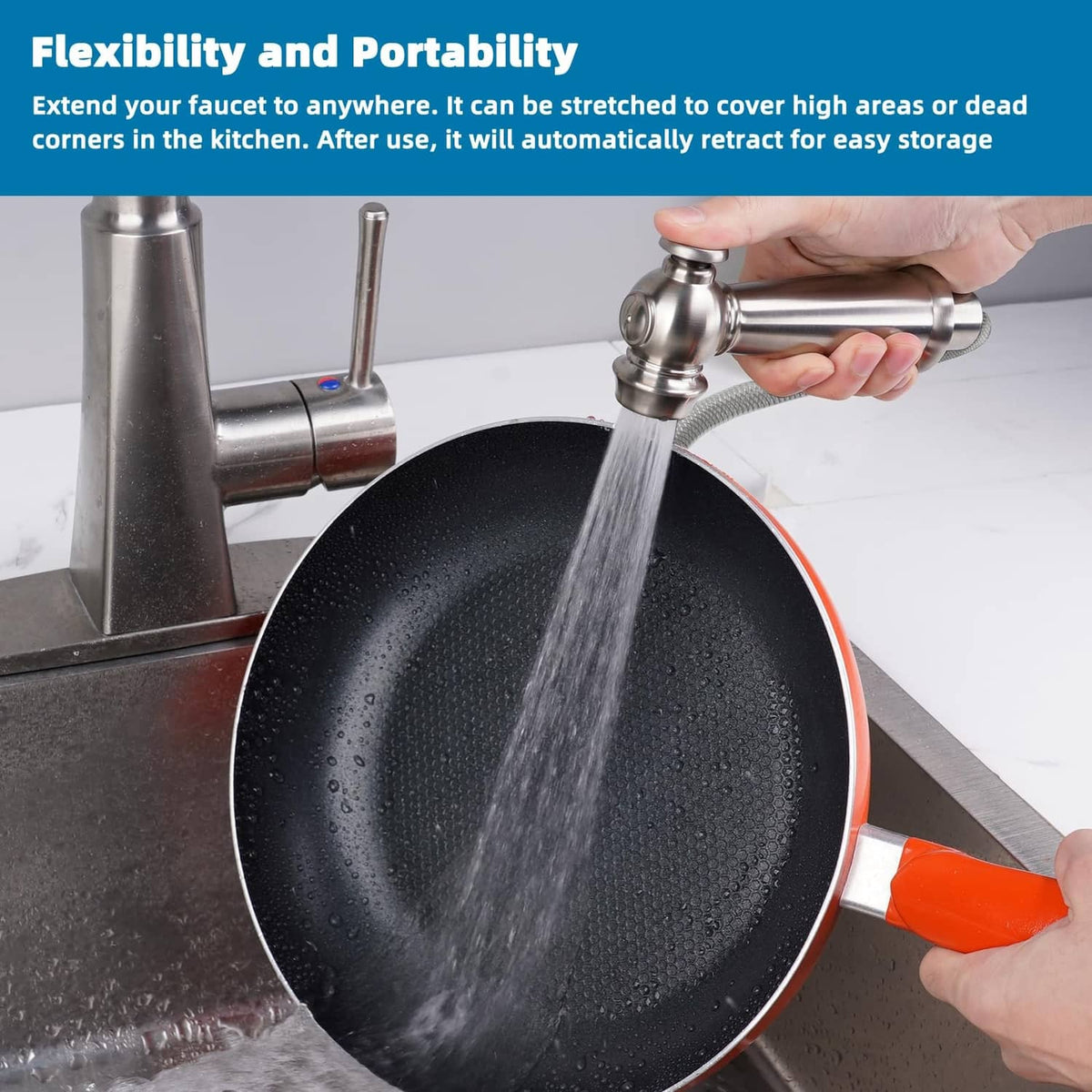 Brushed nickel sink sprayer extending a high-pressure stream into a kitchen sink