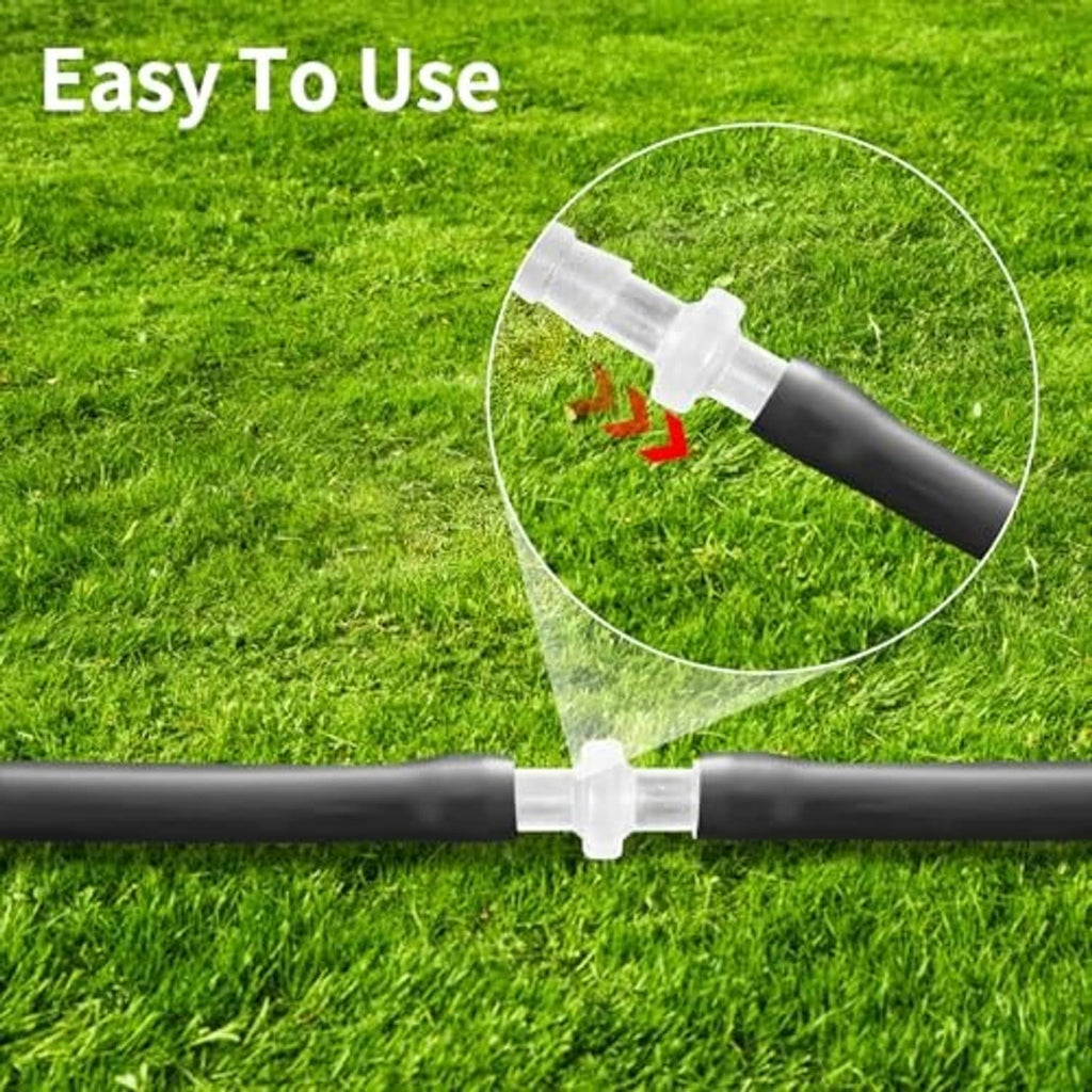 Clear barbed hose adapter joining a black hose line with a push-on fit