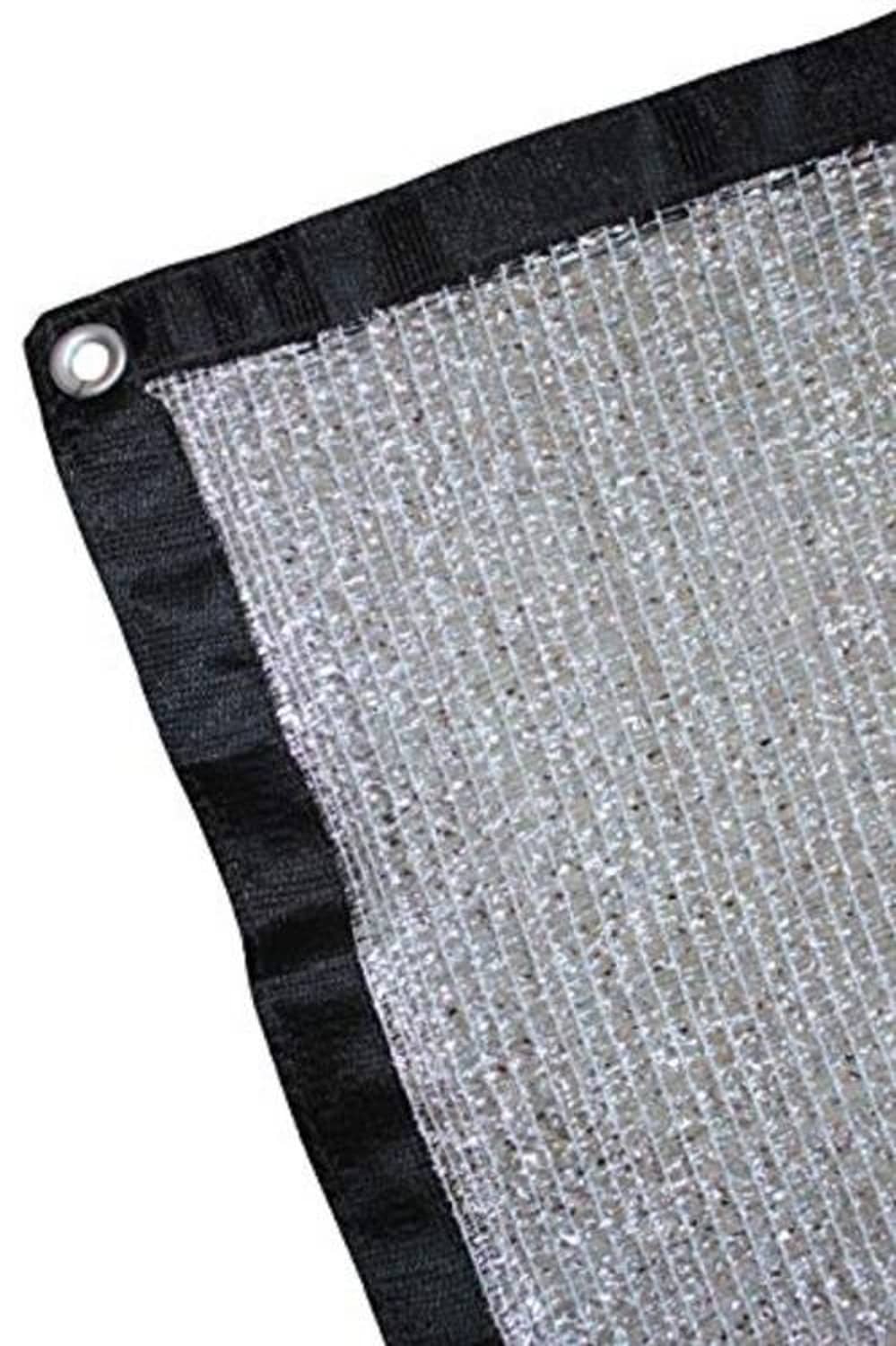 Aluminum shade cloth panel with grommet, close-up of silver mesh and black hem