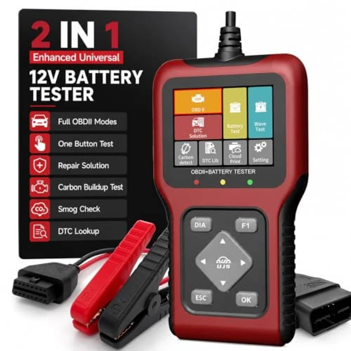 Red OBD2 scanner and 12V battery tester with display and keypad plus battery leads