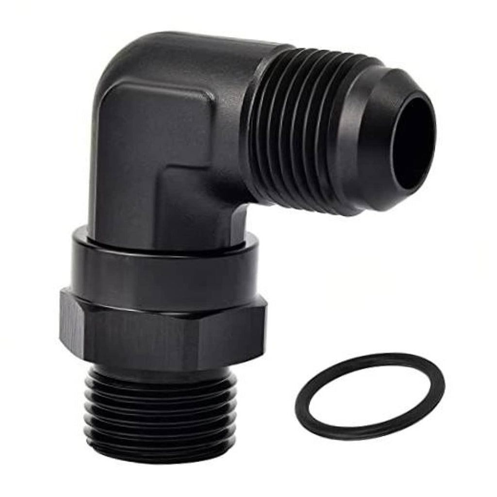Black 90-degree AN swivel adapter fitting with male ORB port and O-ring
