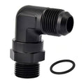 Black 90-degree AN swivel adapter fitting with male ORB port and O-ring