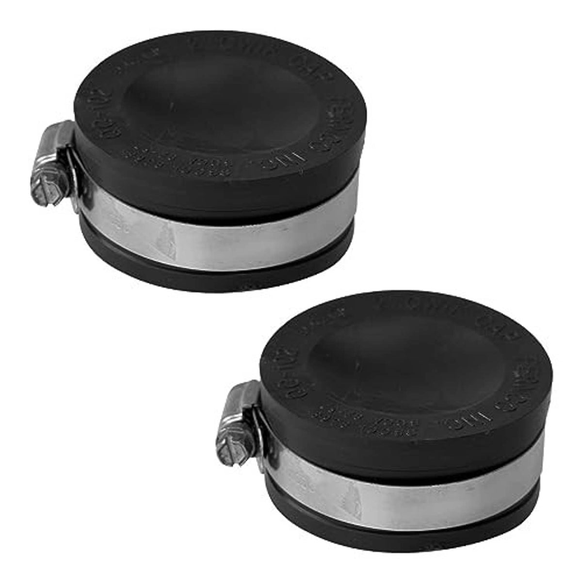 Two-piece PVC pipe end caps with black tops, silver band, and metal clamp bolts