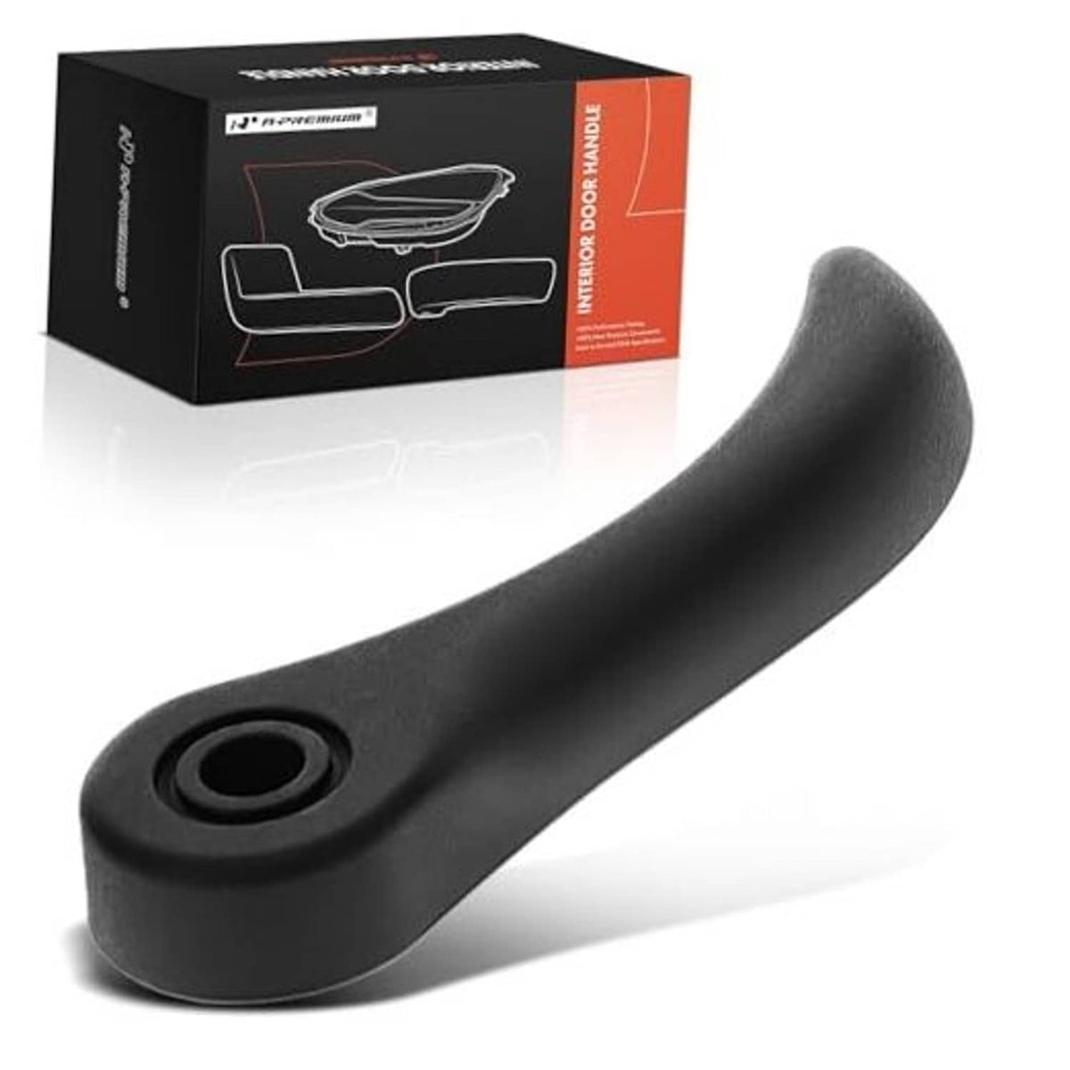 Black front left seat back recline adjustment handle with circular mounting hole