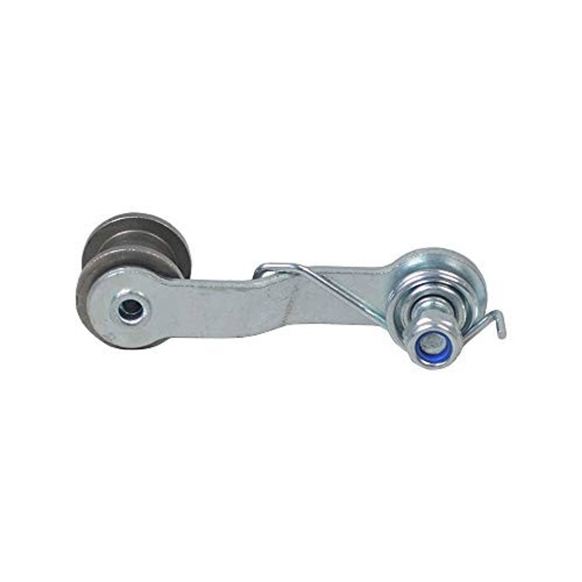 Chain tensioner bracket with spring and roller, silver-gray metal with blue seal.
