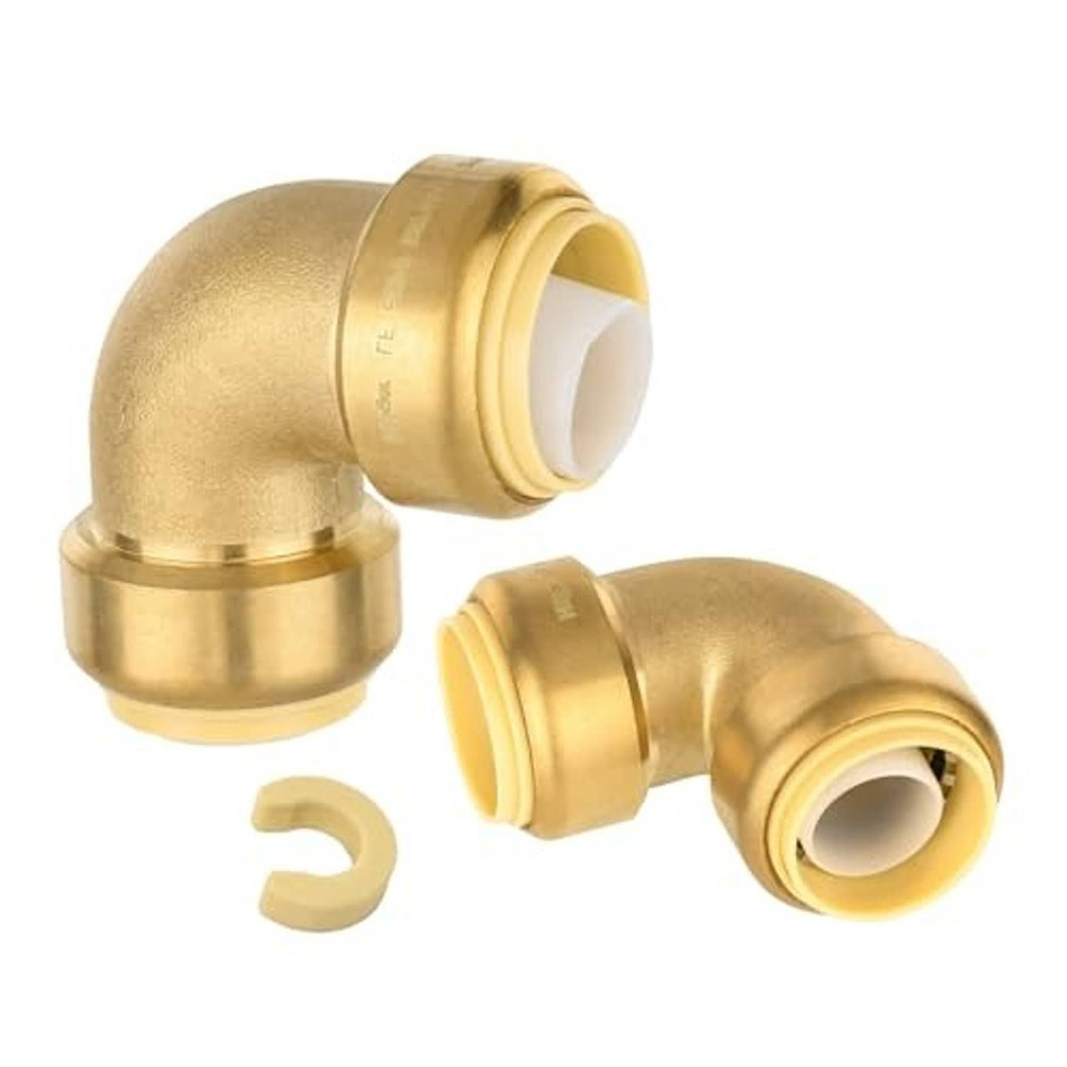 Brass 1-inch push-fit elbow fitting set with two adapters and release clip