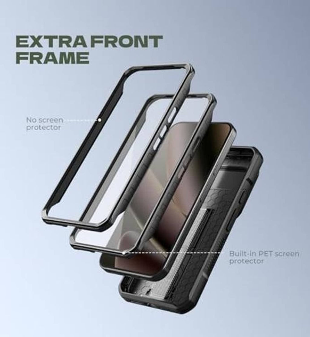 Black rugged phone case with extra front frame and built-in PET screen protector