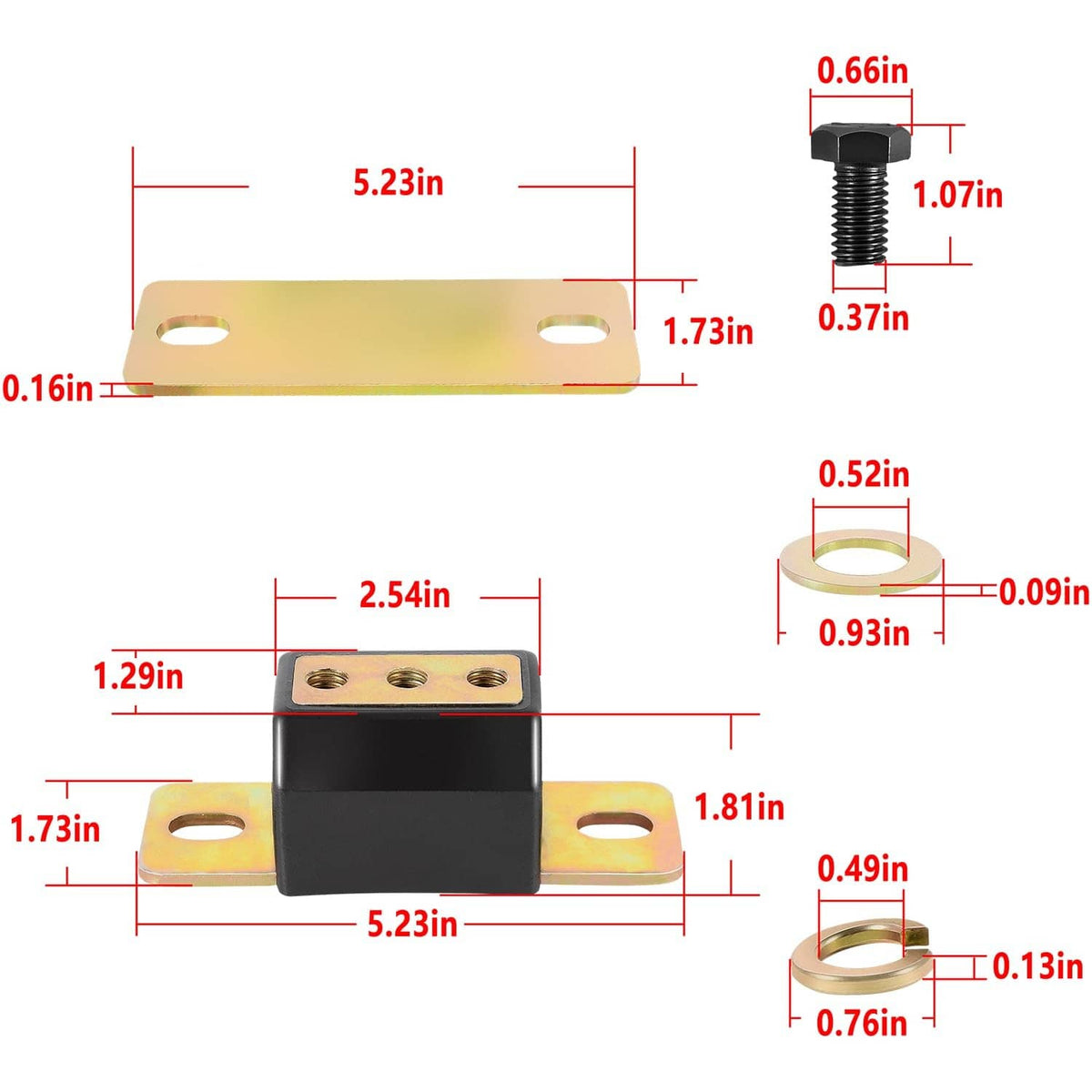 Polyurethane transmission mount dimensions diagram with black bushing and yellow plates