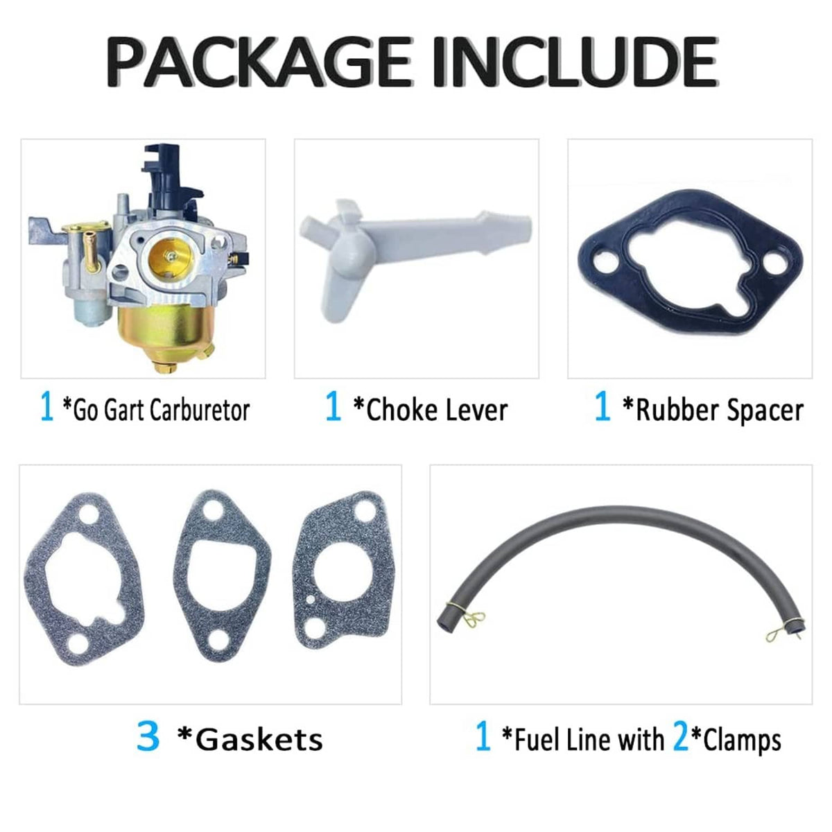 Carburetor package with choke lever, rubber spacer, fuel line, and three gaskets