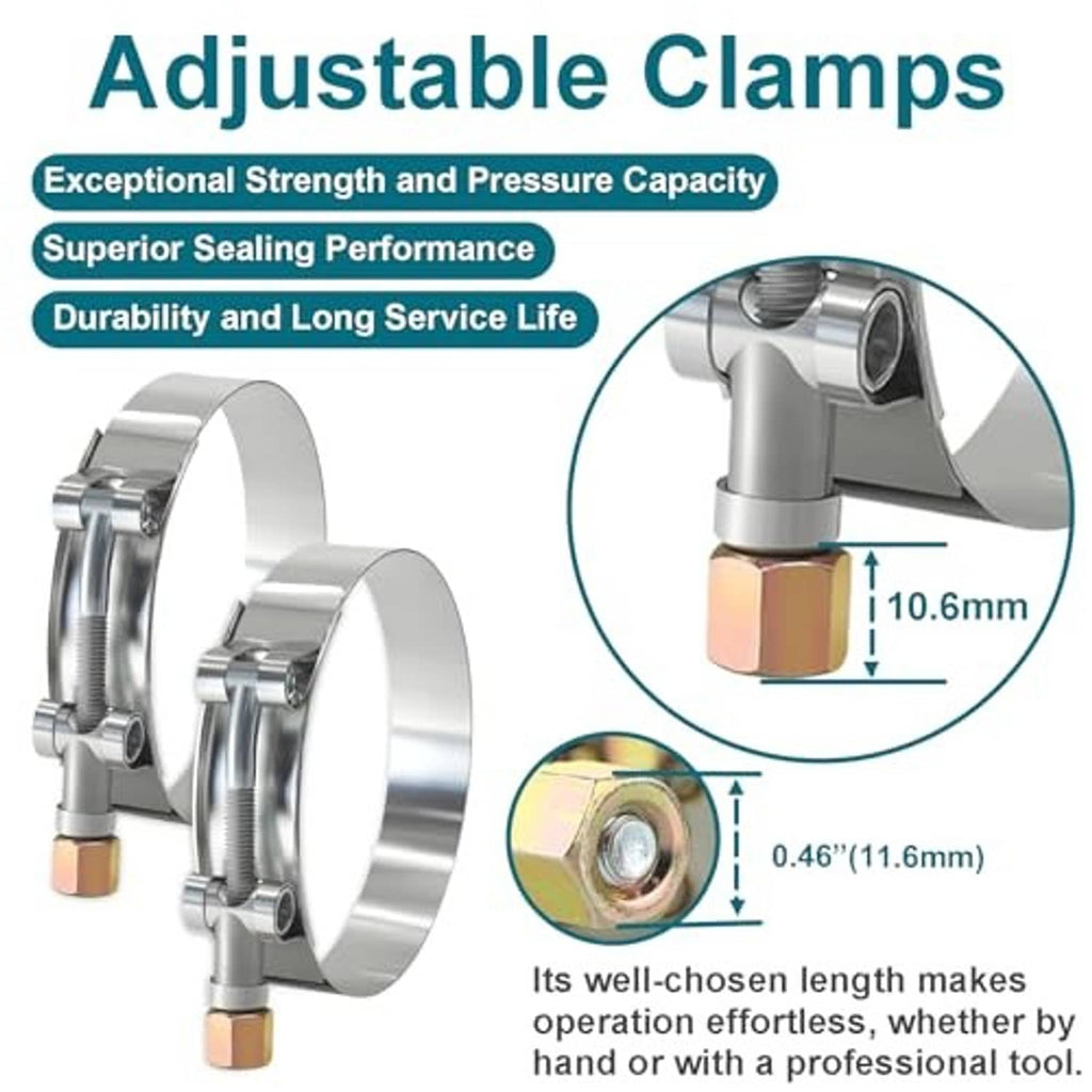 Black silicone hose coupler with silver adjustable clamps and copper-colored screw tips