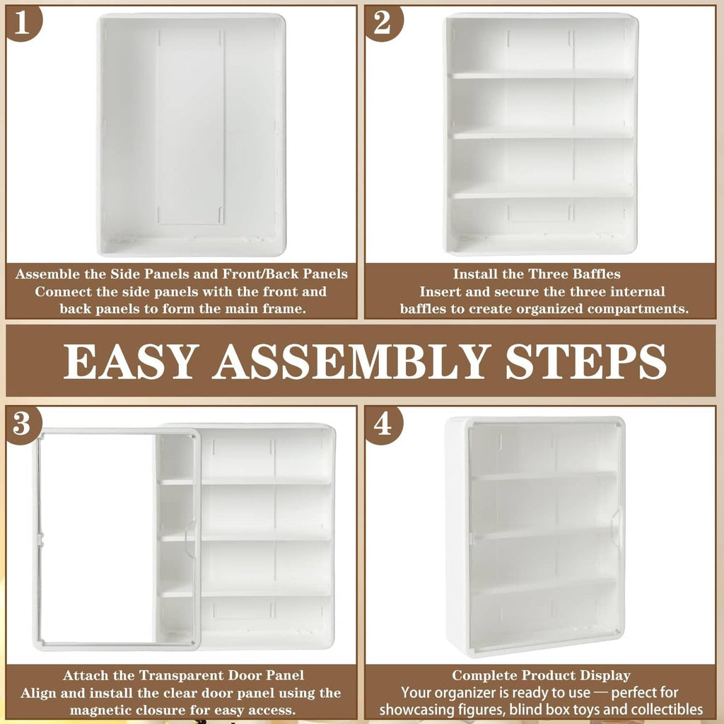 Wall-mounted clear display case assembly steps with white frame and clear door panel