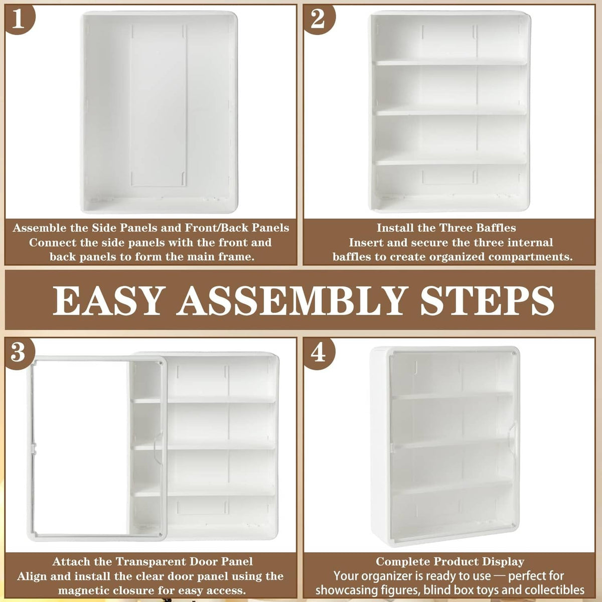 Wall-mounted clear display case assembly steps with white frame and clear door panel