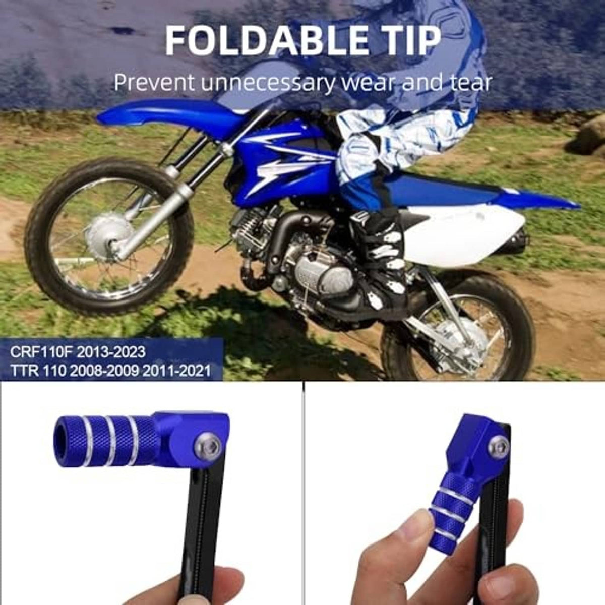 Motorcycle folding gear shifter lever with blue knurled tip and black folding arm, close-up