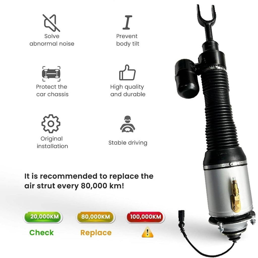 Air suspension shock absorber with black bellows and silver cylinder, with attached plug