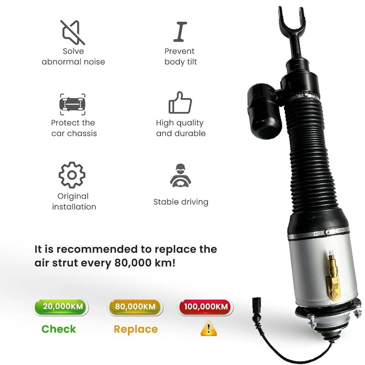 Air suspension shock absorber with black bellows and silver cylinder, with attached plug