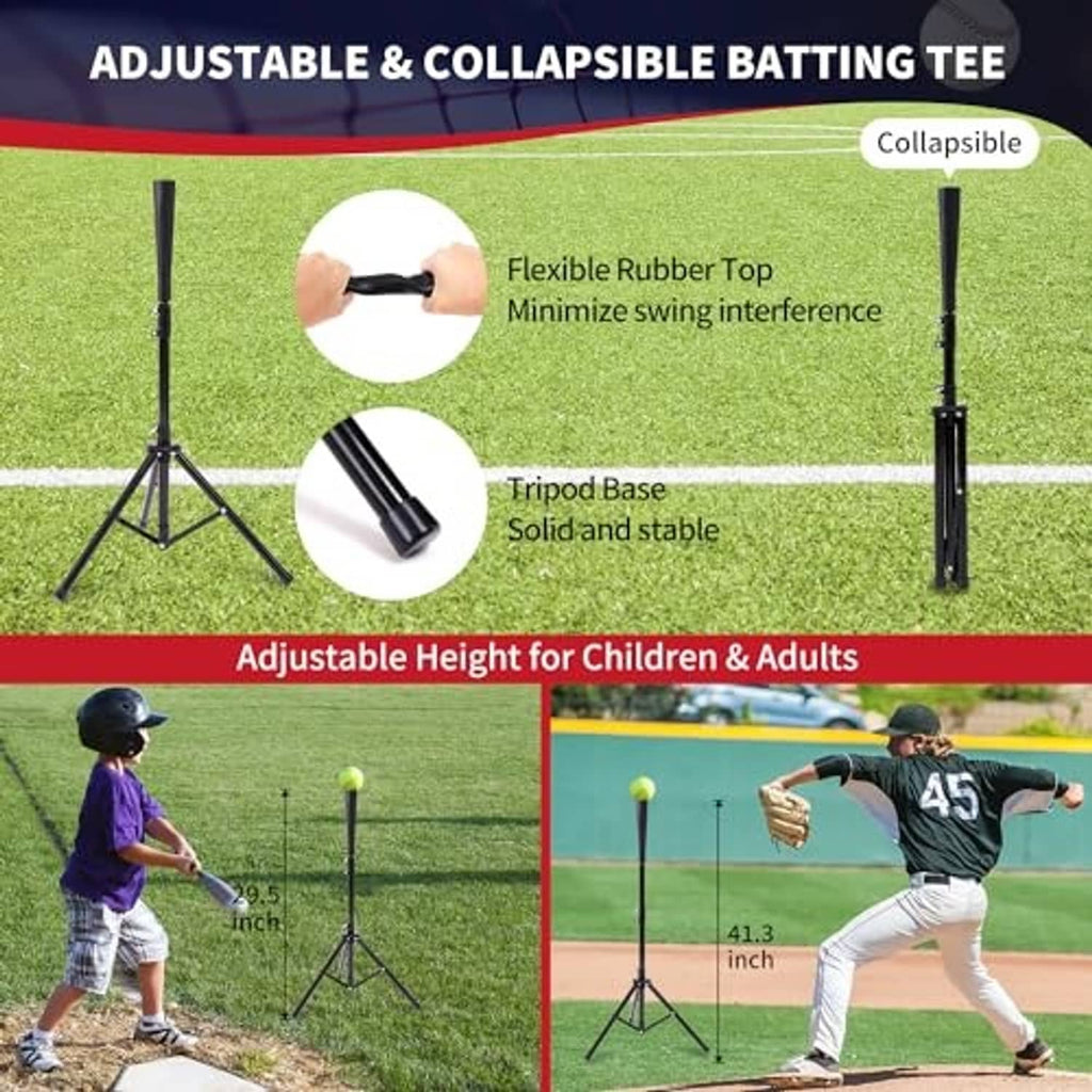 Adjustable collapsible batting tee with flexible rubber top and tripod base