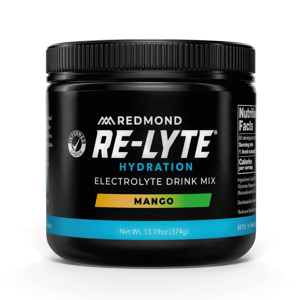 Mango electrolyte drink mix jar with RE-LYTE branding and black ribbed lid